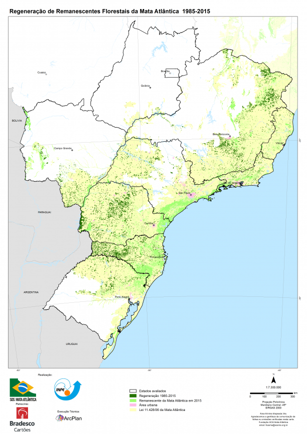 Verde escuro mostra a regeneração - Fonte: SOS Mata Atlântica