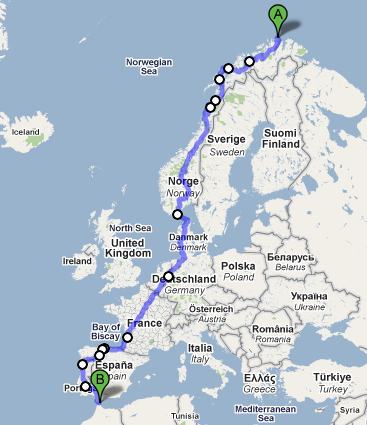 Mapa da corrida: de Nordkapp, no extremo norte da Noruega, a Tarifa
