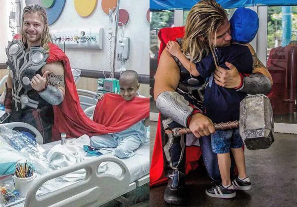 Gabriel como Thor, visitando crianças - Fotos: arquivo pessoal