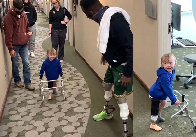 Atleta paralímpico incentiva menino a andar pela 1ª vez com prótese: vídeo