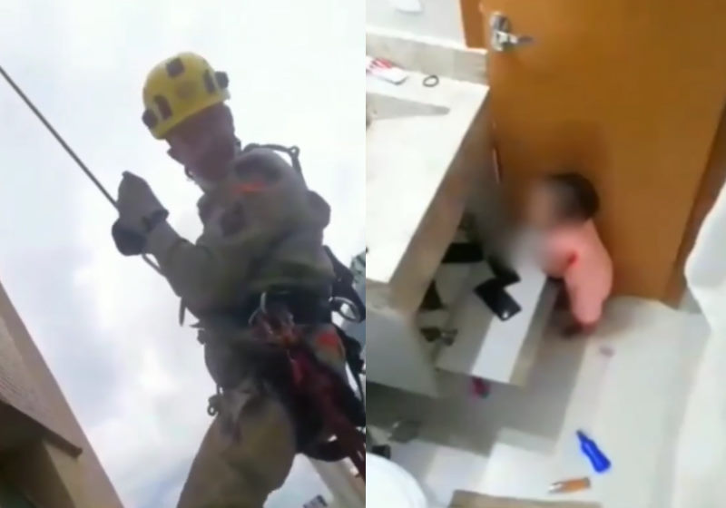 Bombeiro faz rapel e resgata bebê preso em banheiro no 15º andar. Video