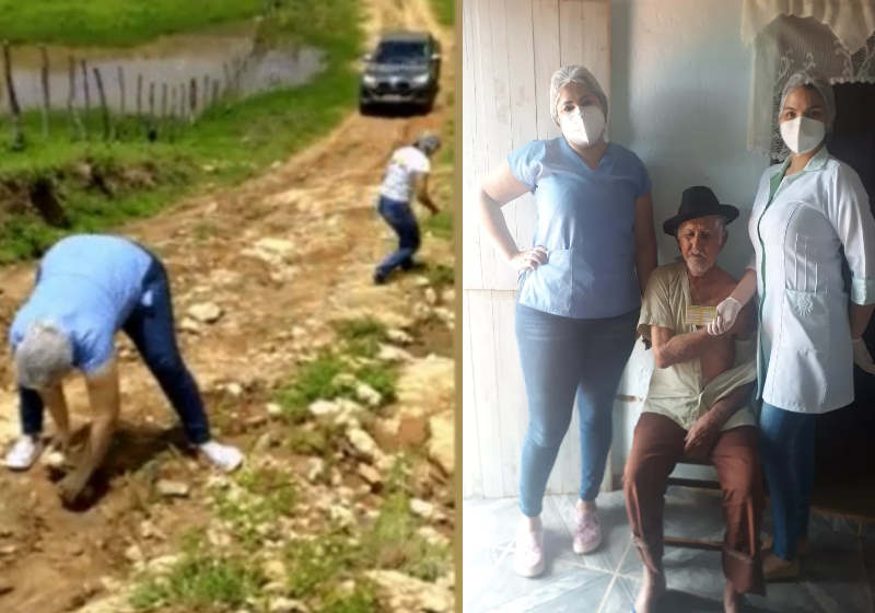 Enfermeira faz caminho de pedras para vacinar idoso contra Covid. Vídeo